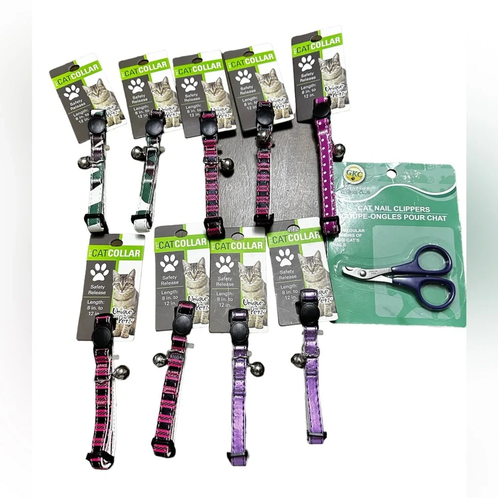 New 10 pc bundle 9 collars and 1 nail clippers for cats